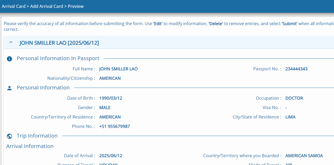 Thailand digital arrival card sample